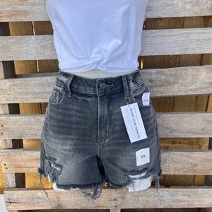 Dark wash distressed denim shorts